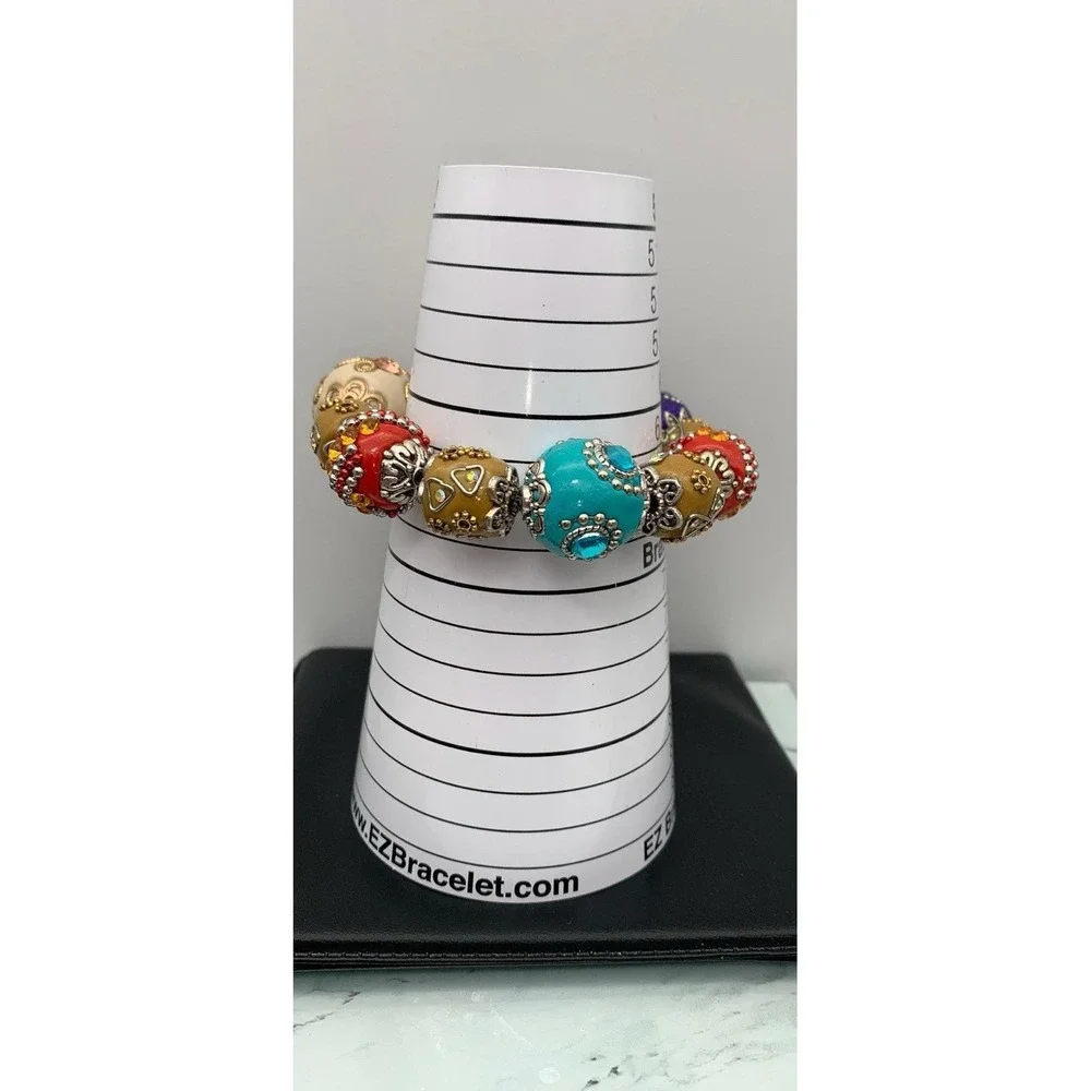 Beautiful Chunky Colorful Ornate Beaded Stretch Bracelet Quality Weighty Beads